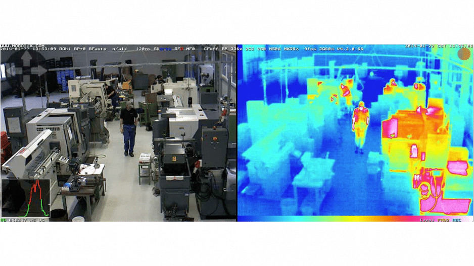 Imagen de una cámara térmica Mobotix en funcionamiento, detectando anomalías en las temperaturas de la maquinaria en un entorno industrial.
