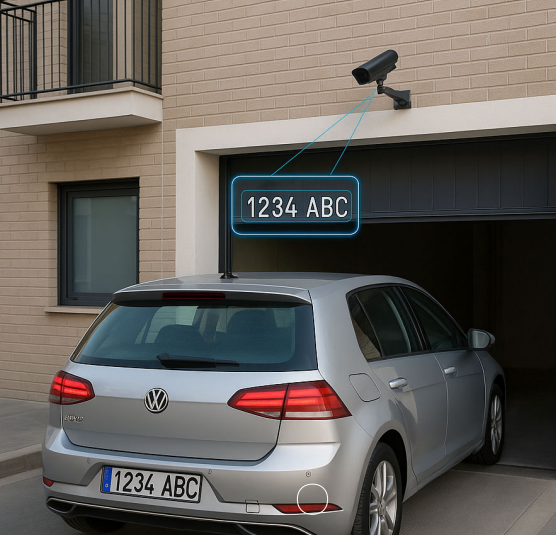 Vehículo accediendo automáticamente al garaje mientras el sistema LPR reconoce su matrícula con cámara de lectura.