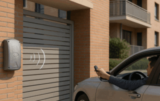 Conductor utilizando mando a distancia para abrir la puerta del garaje con sistema de acceso seguro rolling code.