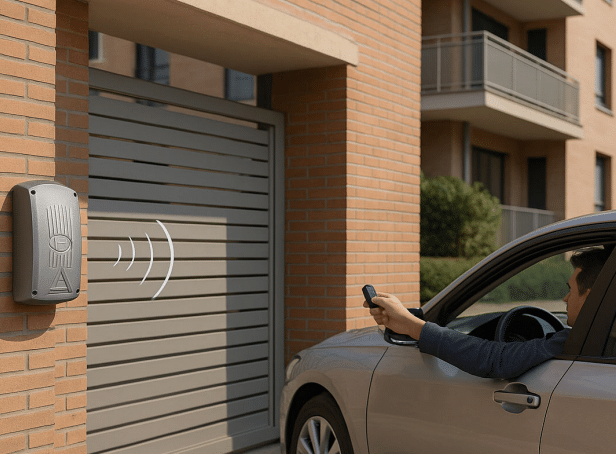 Conductor utilizando mando a distancia para abrir la puerta del garaje con sistema de acceso seguro rolling code.