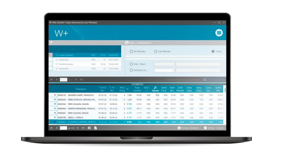 Pantalla de ordenador mostrando la interfaz activa del software W+ Gestión de Topes para control de vacaciones y asuntos propios.