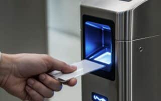 Empleado accediendo a las instalaciones de la empresa con tarjeta RFID mediante sistema de control de accesos.