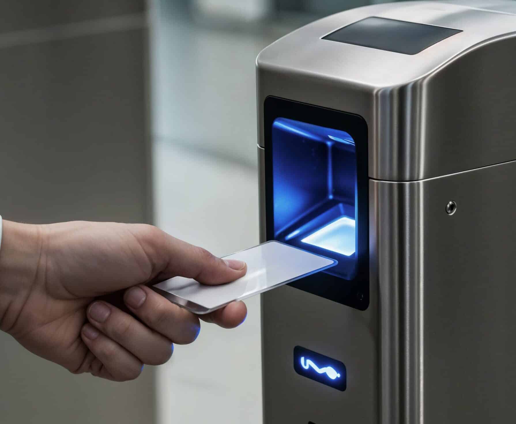 Empleado accediendo a las instalaciones de la empresa con tarjeta RFID mediante sistema de control de accesos.